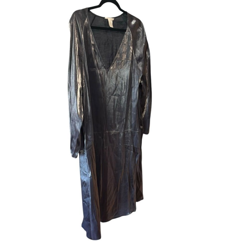 H&M Metallic Gray Silver Shimmer Long Sleeve V Neck Peasant Midi Dress - Picture 3 of 7